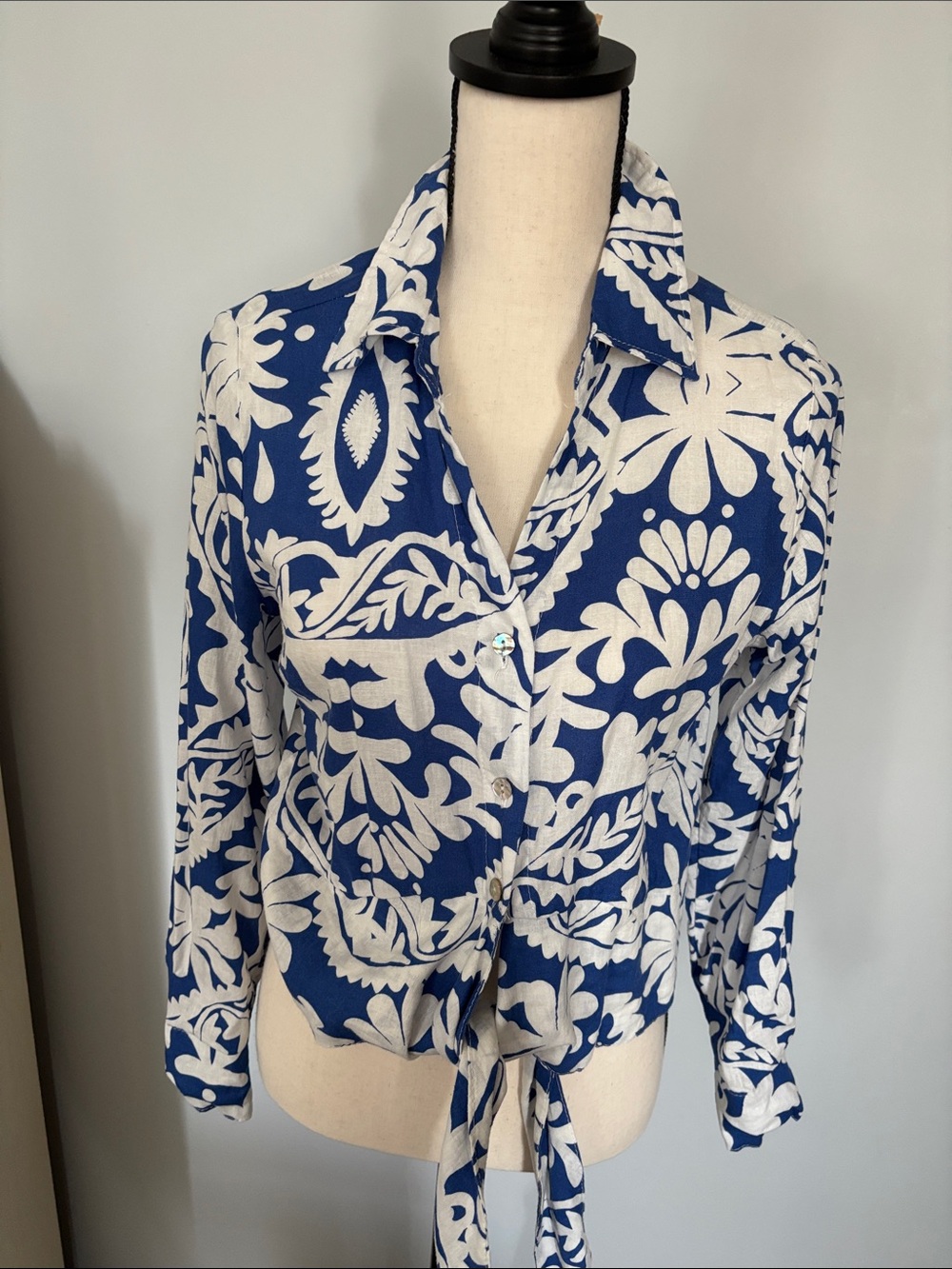 Blue and White Floral Tie-Front Button Shirt